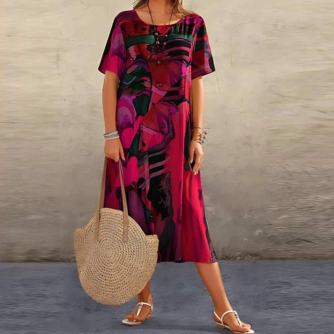 Lily | Plus Size Abstract Print Midi Dress Short Sleeve Relaxed - Women&