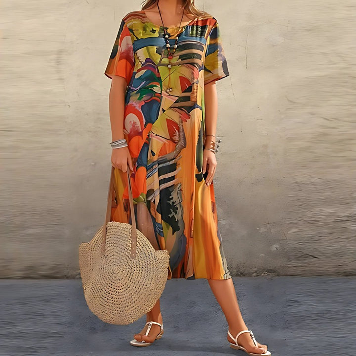 Lily | Plus Size Abstract Print Midi Dress Short Sleeve Relaxed - Women&