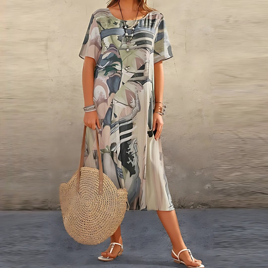 Lily | Plus Size Abstract Print Midi Dress Short Sleeve Relaxed - Women&