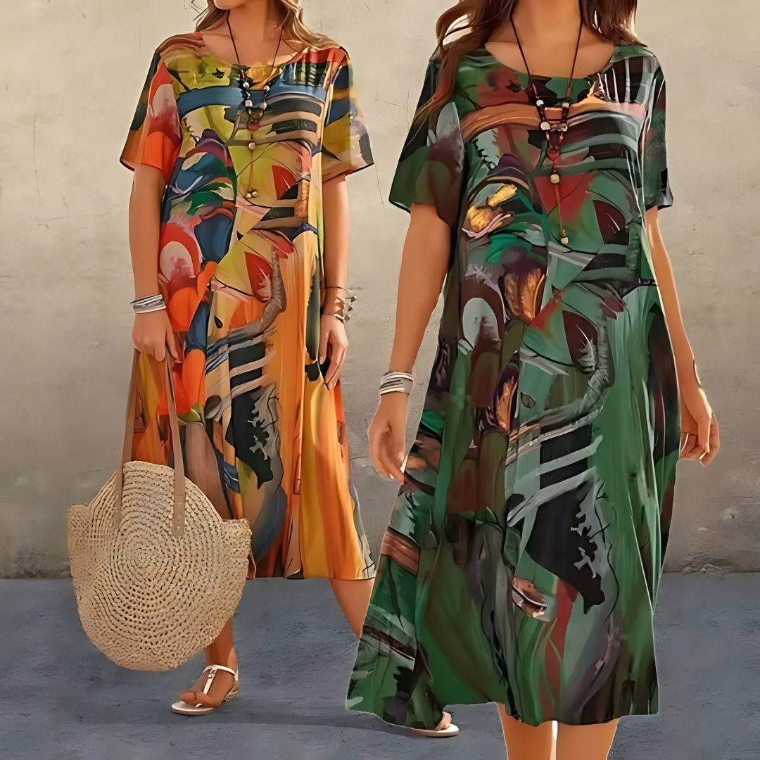 Lily | Plus Size Abstract Print Midi Dress Short Sleeve Relaxed - Women&