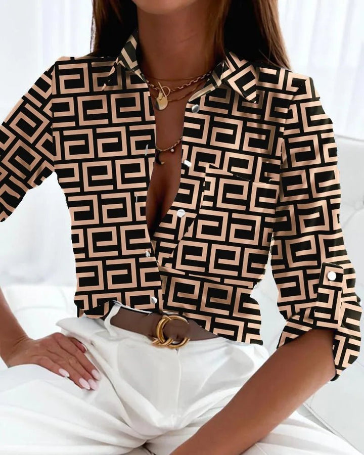 Olivia | Plus Size Blouse Button-Up Abstract Print Long Sleeve - Women&