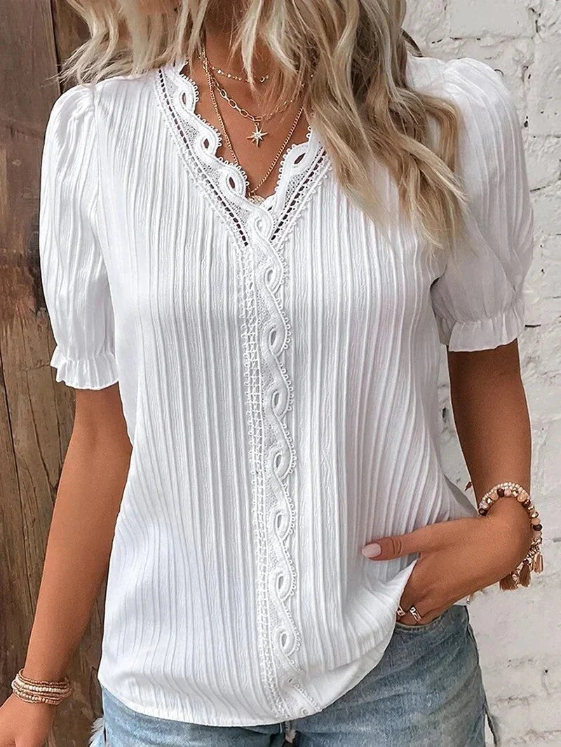 Freya | Plus Size Blouse Lace Detail V-Neck Short Sleeve - Women's Plus Size | Nancy Callen Fashion