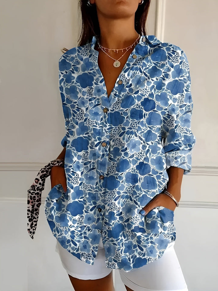 Ella | Plus Size Blue Floral Print Button-Up Shirt Long Sleeve - Women&