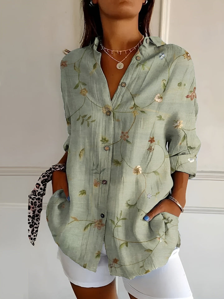 Ella | Plus Size Blue Floral Print Button-Up Shirt Long Sleeve - Women&
