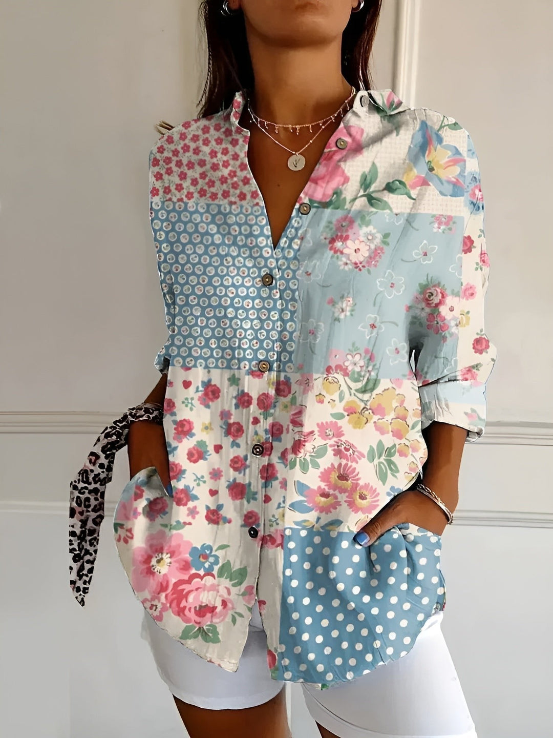 Ella | Plus Size Blue Floral Print Button-Up Shirt Long Sleeve - Women&