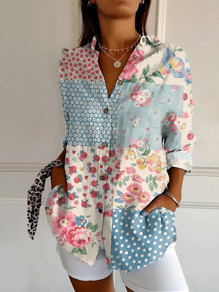 Ella | Plus Size Blue Floral Print Button-Up Shirt Long Sleeve - Women&