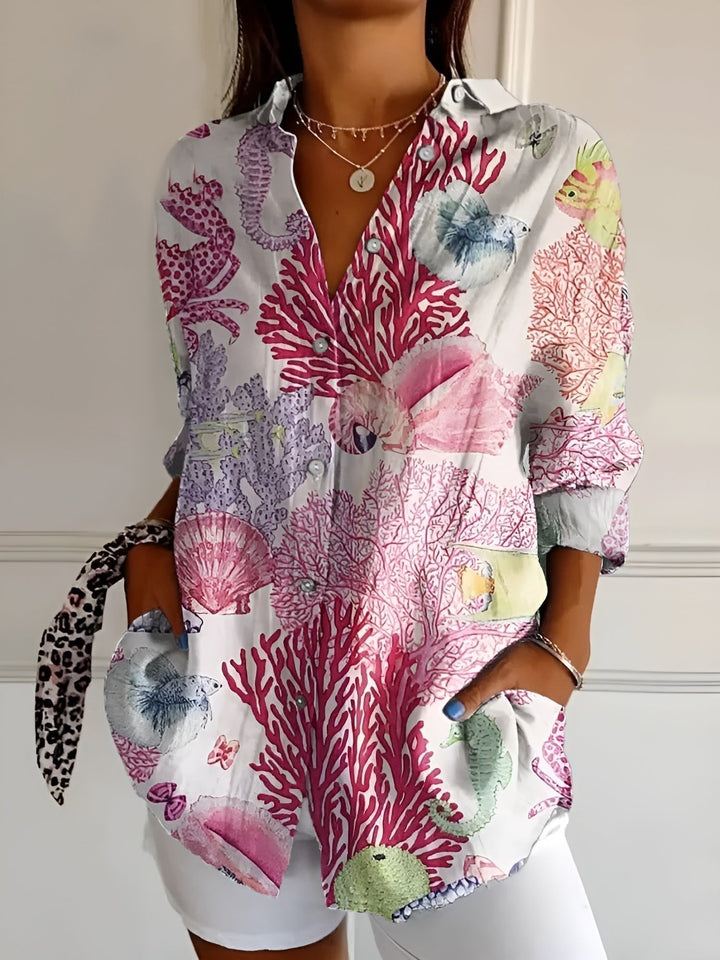 Ella | Plus Size Blue Floral Print Button-Up Shirt Long Sleeve - Women&
