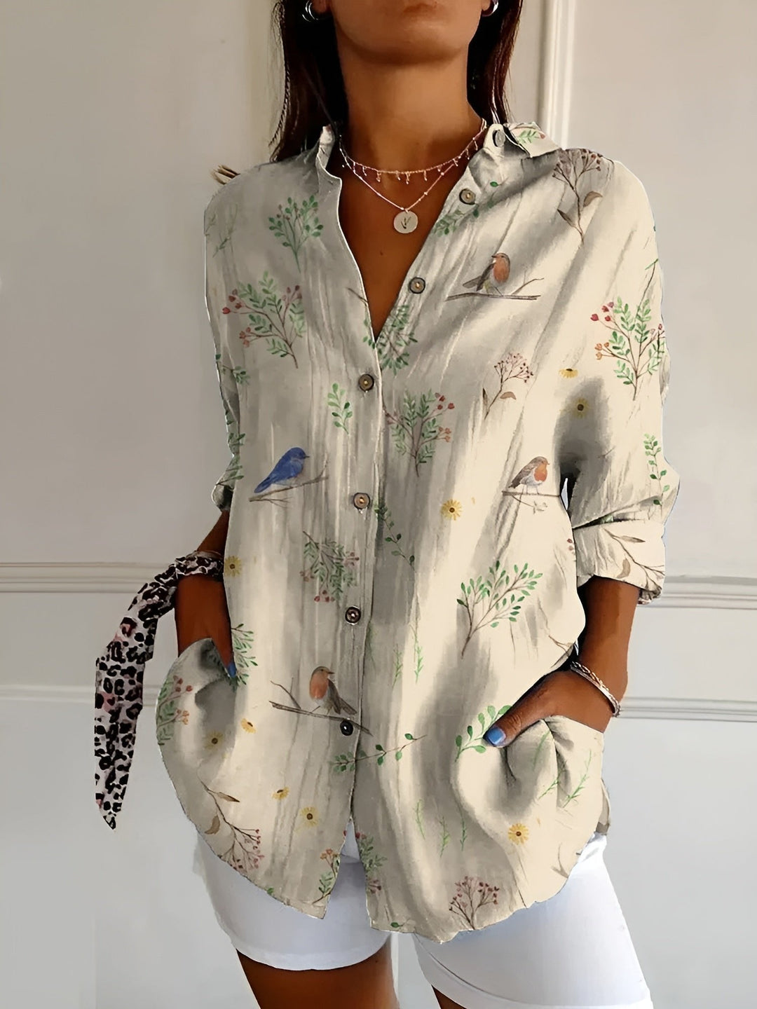 Ella | Plus Size Blue Floral Print Button-Up Shirt Long Sleeve - Women&
