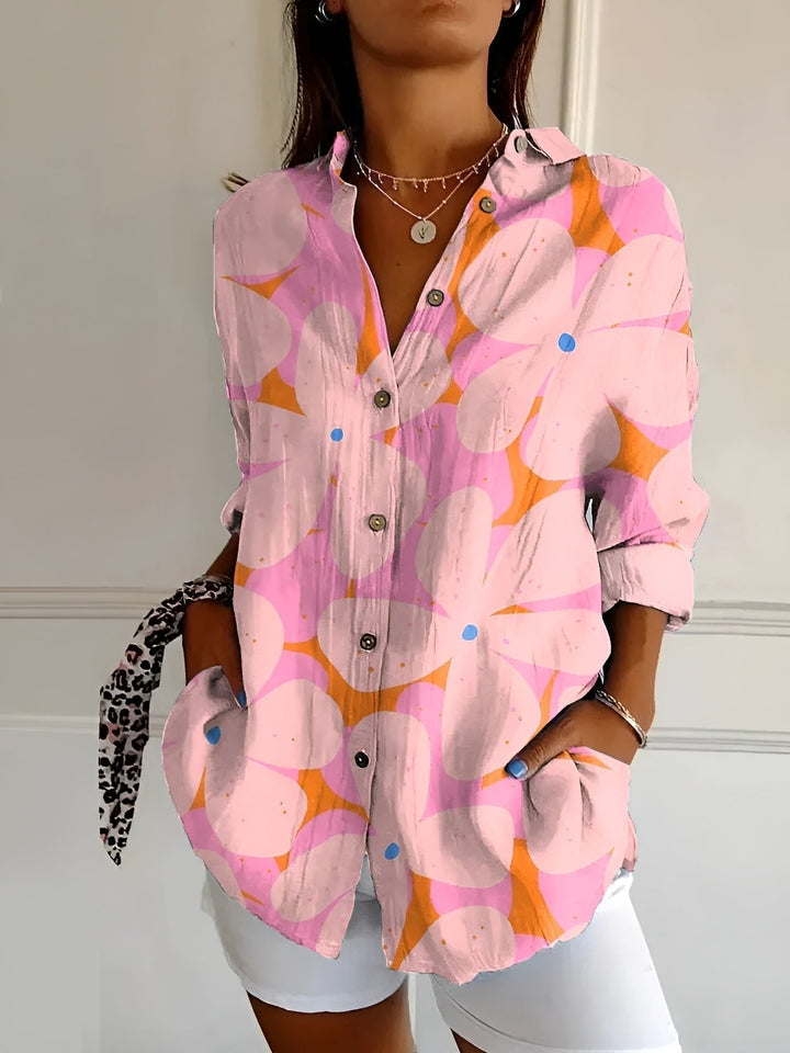 Ella | Plus Size Blue Floral Print Button-Up Shirt Long Sleeve - Women&