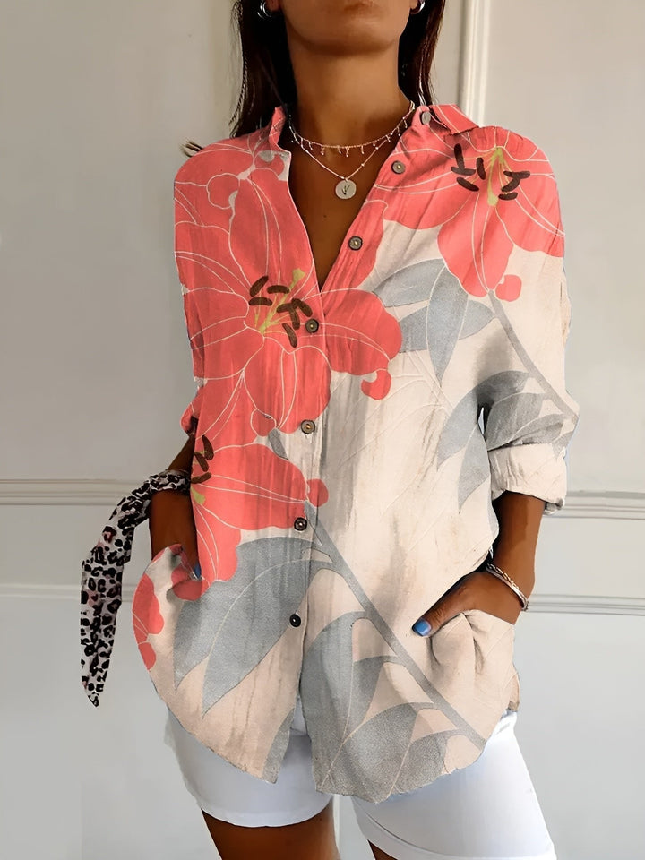 Ella | Plus Size Blue Floral Print Button-Up Shirt Long Sleeve - Women&