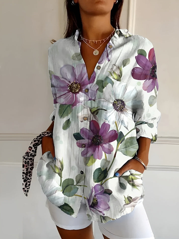 Ella | Plus Size Blue Floral Print Button-Up Shirt Long Sleeve - Women&
