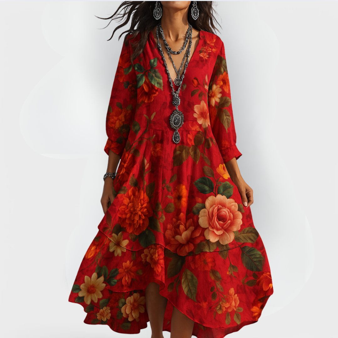 Grace | Plus Size Boho Dress Floral V-Neck 3/4 Sleeve Tiered Midi - Women&