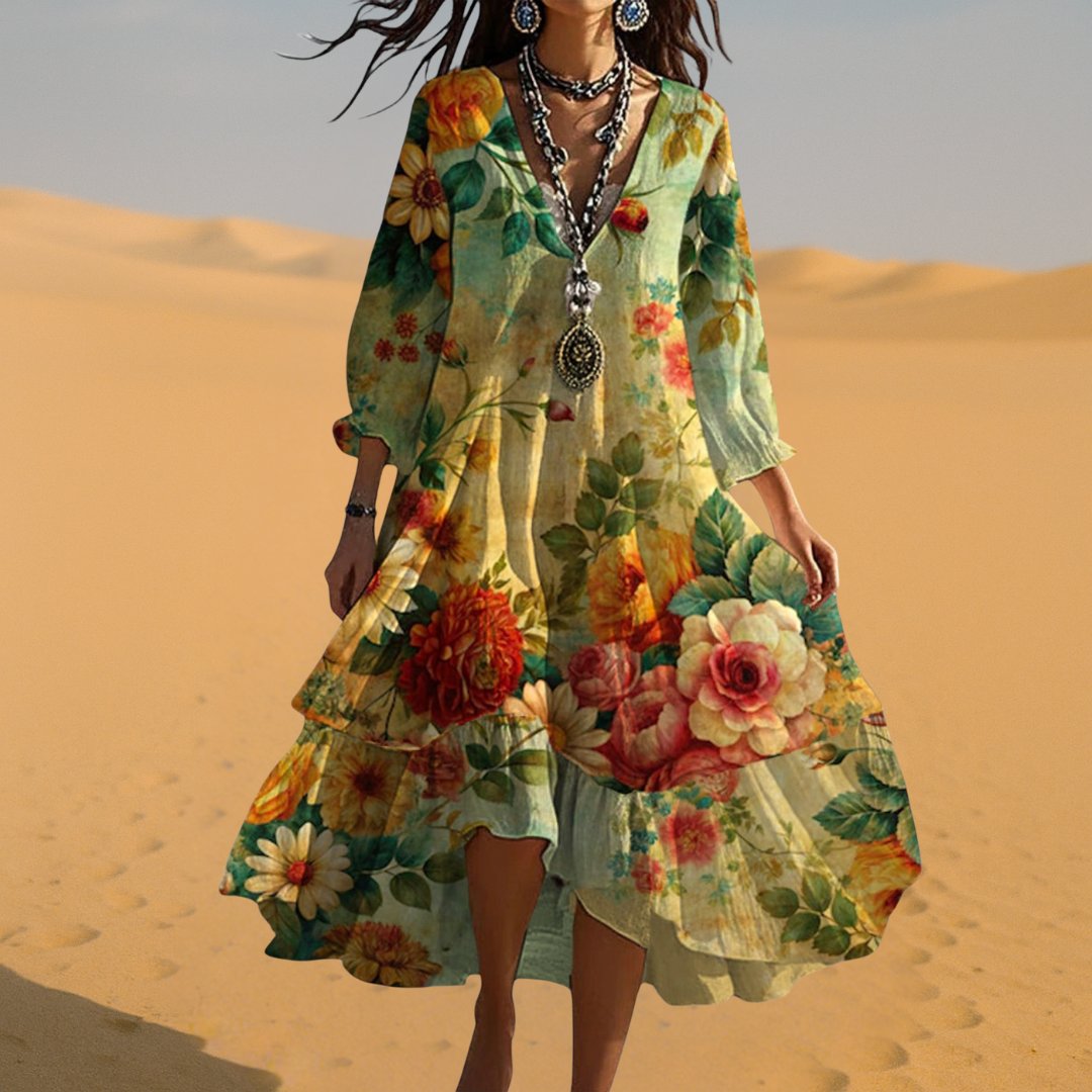 Grace | Plus Size Boho Dress Floral V-Neck 3/4 Sleeve Tiered Midi - Women&
