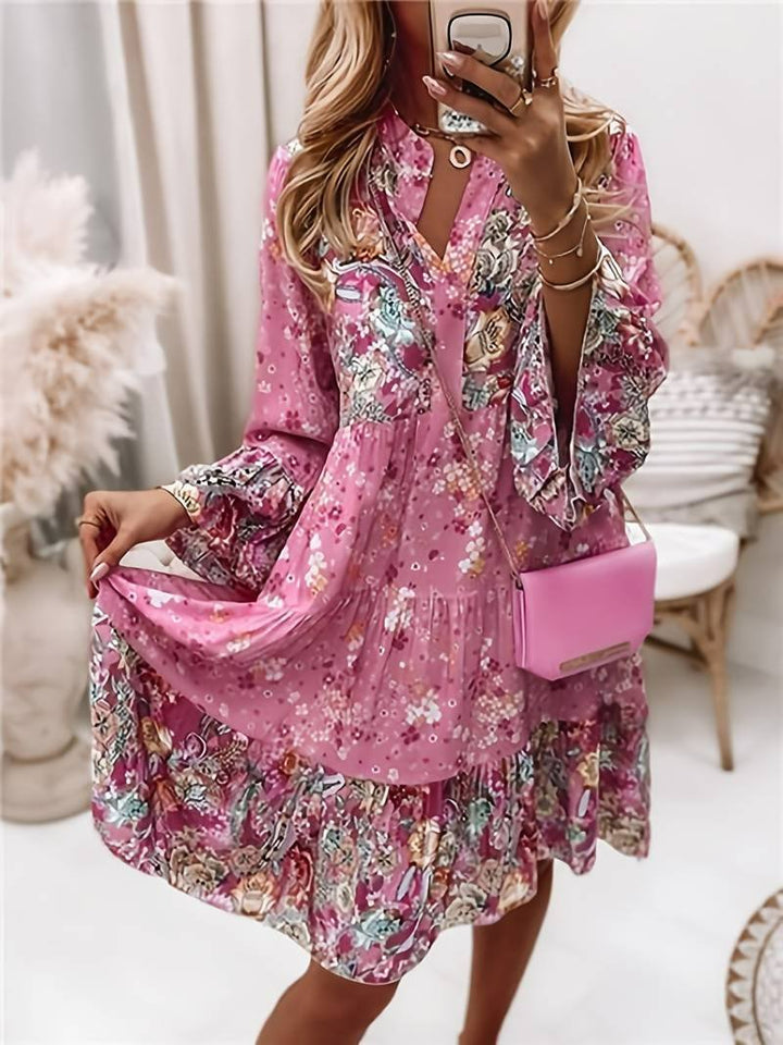 Sophie | Plus Size Boho Floral Midi Dress Long Sleeve V-Neck - Women&