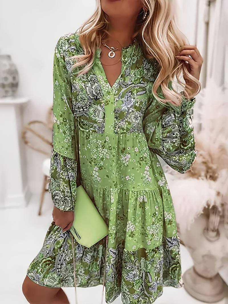 Sophie | Plus Size Boho Floral Midi Dress Long Sleeve V-Neck - Women&