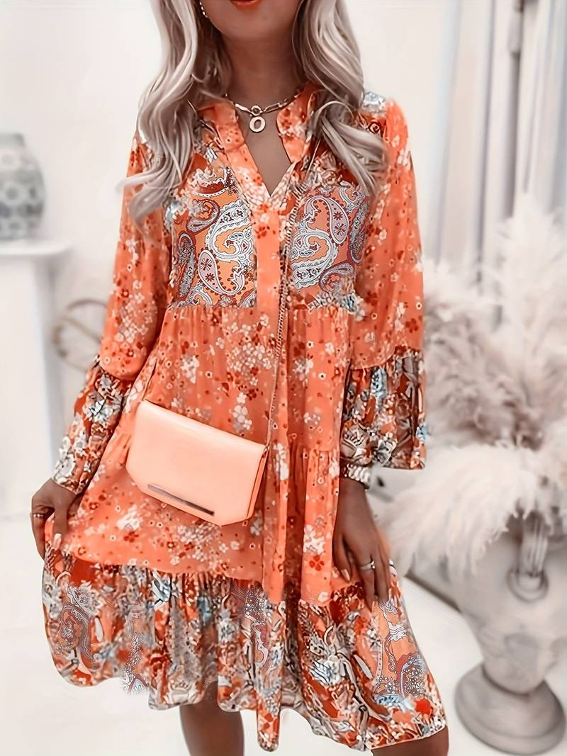 Sophie | Plus Size Boho Floral Midi Dress Long Sleeve V-Neck - Women&