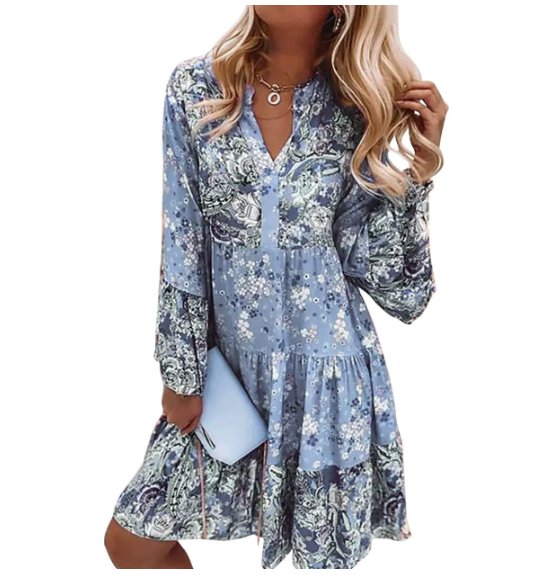 Sophie | Plus Size Boho Floral Midi Dress Long Sleeve V-Neck - Women&