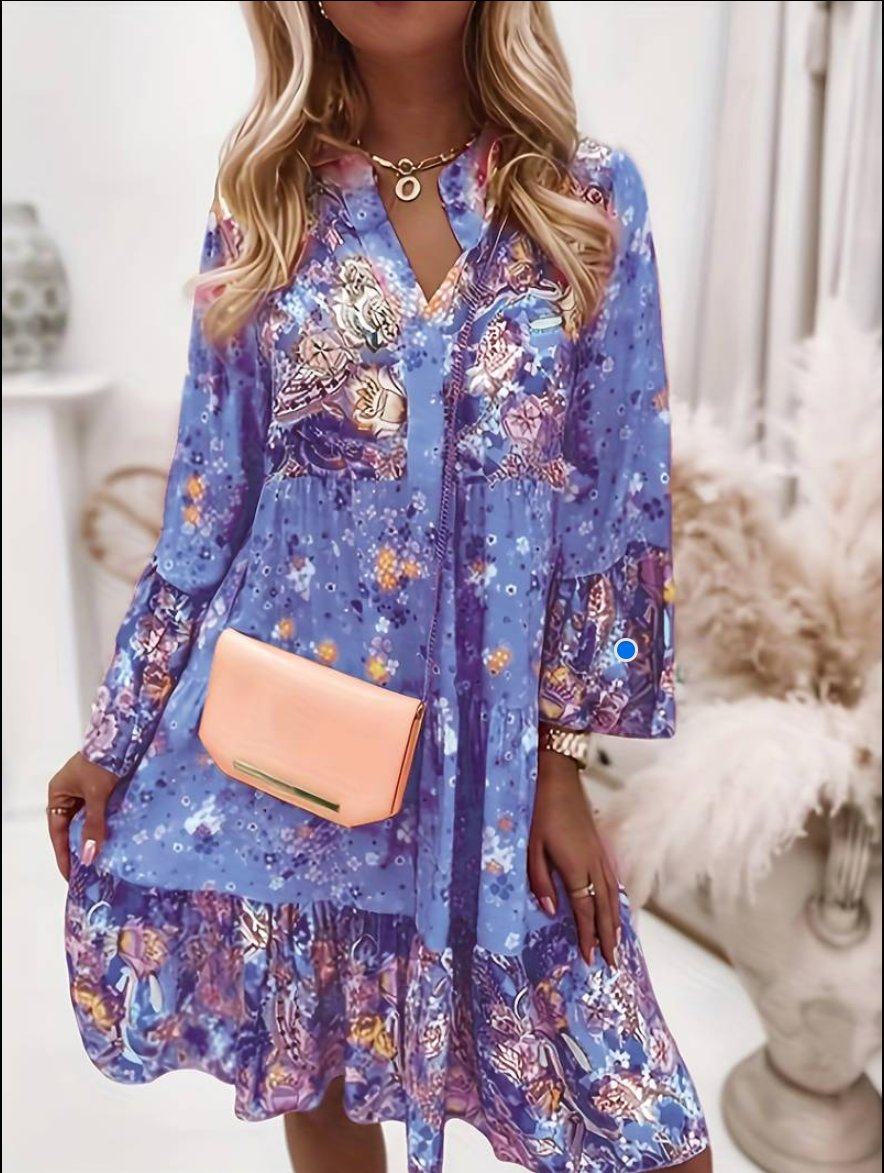 Sophie | Plus Size Boho Floral Midi Dress Long Sleeve V-Neck - Women&