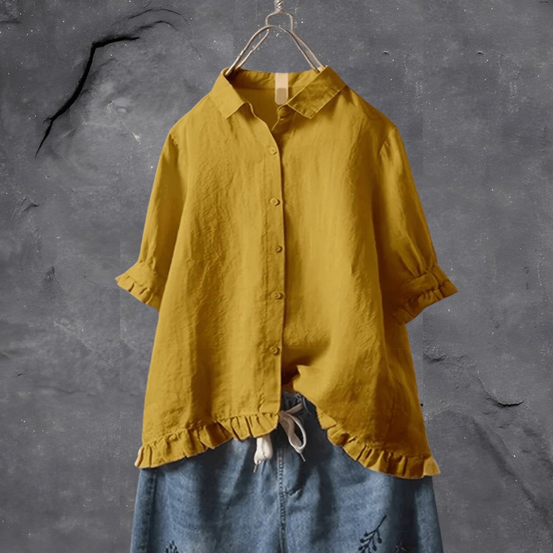 Evelyn | Plus Size Collared Blouse Ruffled Hem Button Front Short Sleeve - Women's Plus Size | Nancy Callen Fashion