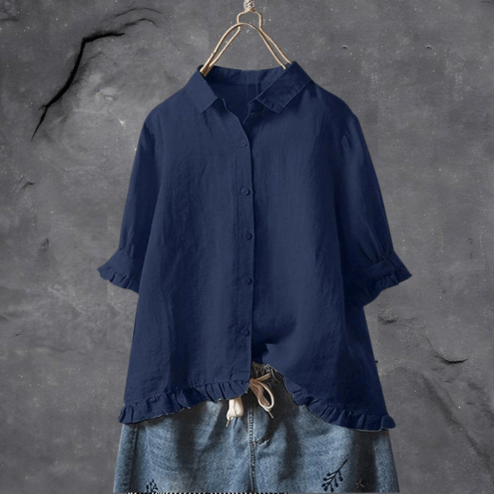 Evelyn | Plus Size Collared Blouse Ruffled Hem Button Front Short Sleeve - Women&