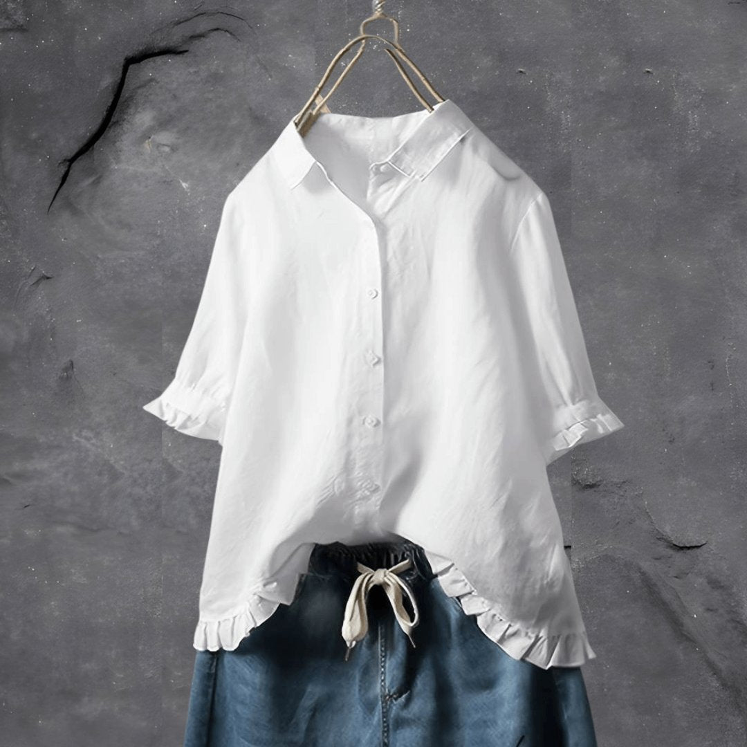 Evelyn | Plus Size Collared Blouse Ruffled Hem Button Front Short Sleeve - Women&