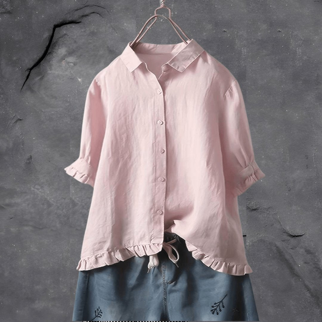 Evelyn | Plus Size Collared Blouse Ruffled Hem Button Front Short Sleeve - Women&