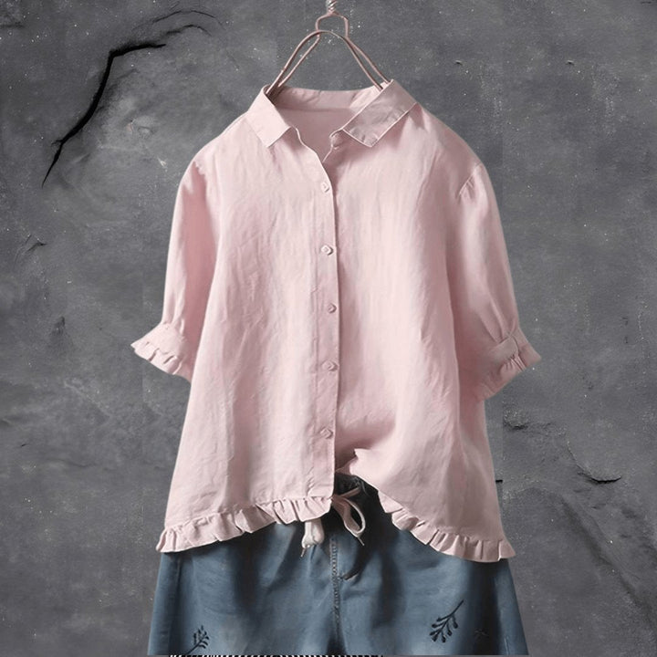 Evelyn | Plus Size Collared Blouse Ruffled Hem Button Front Short Sleeve - Women&
