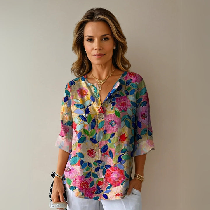 Mia | Plus Size Floral Print Blouse V-Neck Button-Up - Women&