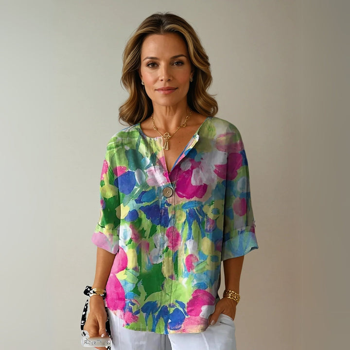 Mia | Plus Size Floral Print Blouse V-Neck Button-Up - Women&