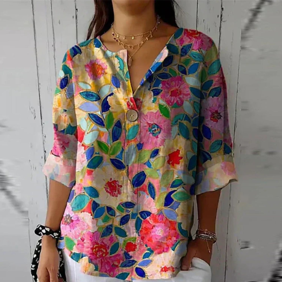 Mia | Plus Size Floral Print Blouse V-Neck Button-Up - Women&