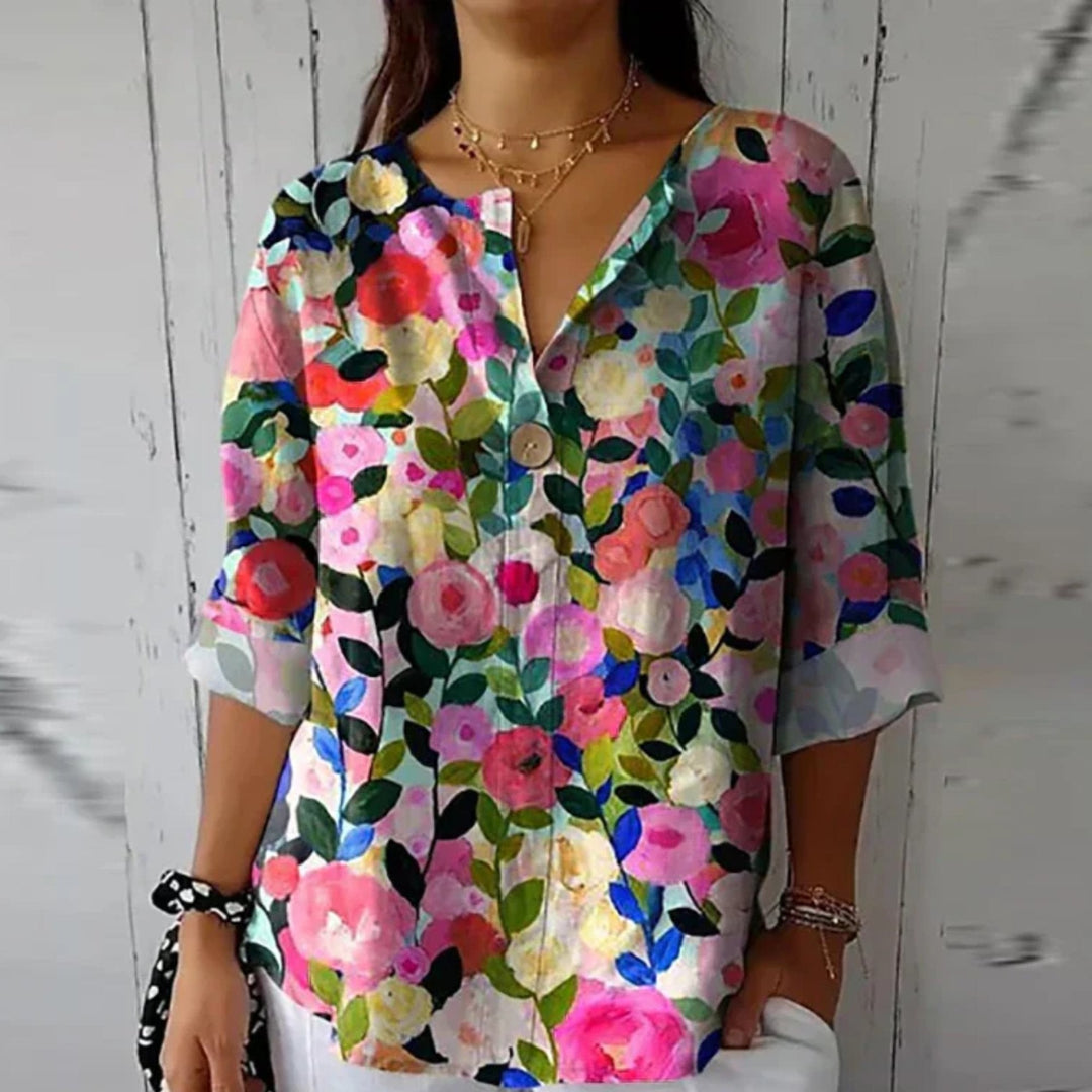 Mia | Plus Size Floral Print Blouse V-Neck Button-Up - Women&