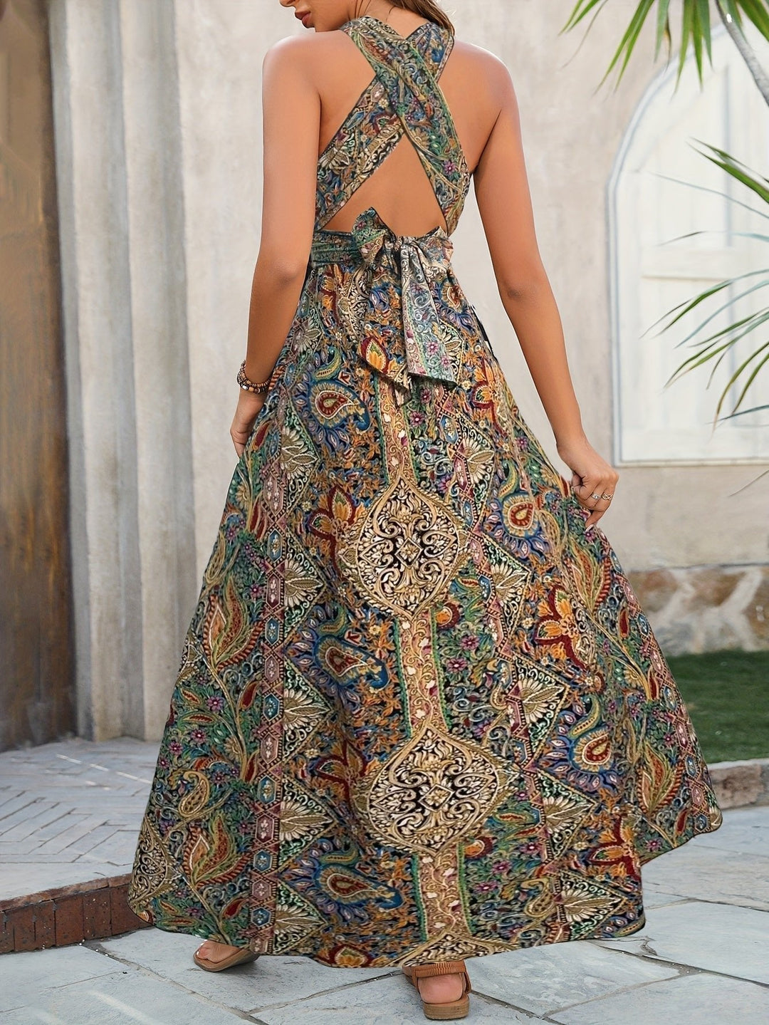 Lily | Plus Size Halter Maxi Dress Paisley Print Bohemian Side Split - Women's Bohemian | Nancy Callen Fashion