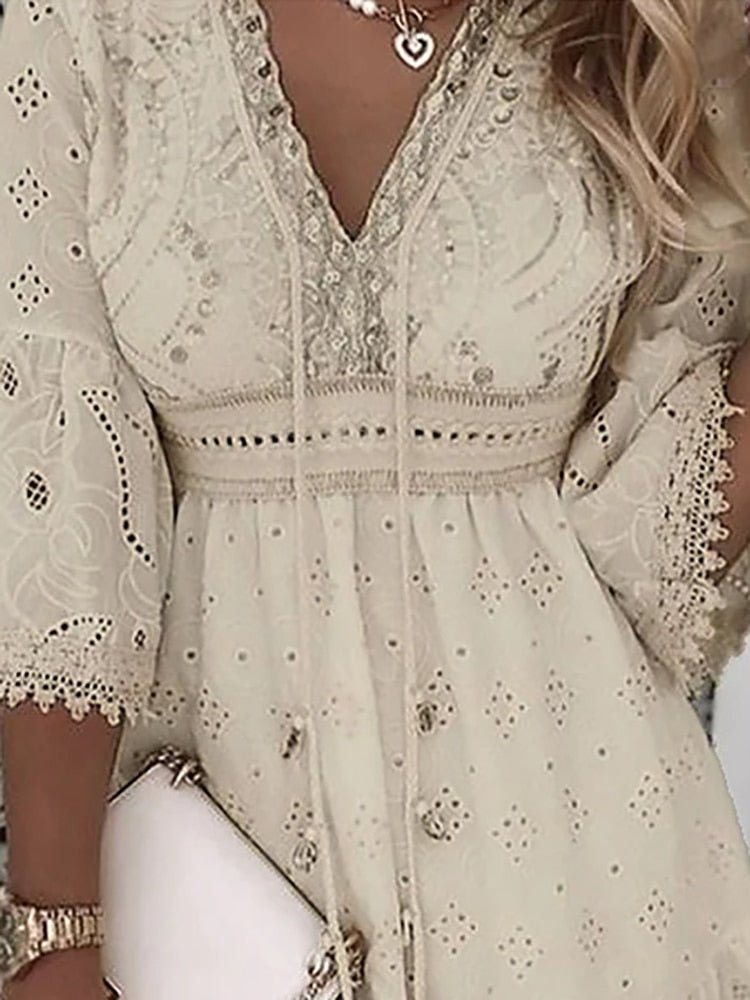 Grace | Plus Size Lace Mini Dress V-Neck Bell Sleeves Boho - Women&