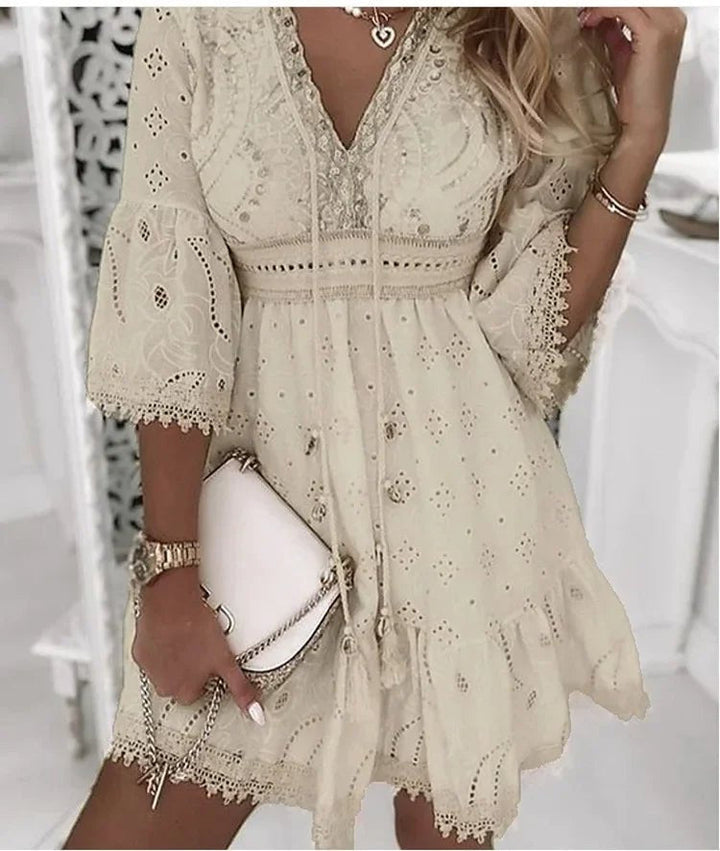 Grace | Plus Size Lace Mini Dress V-Neck Bell Sleeves Boho - Women&