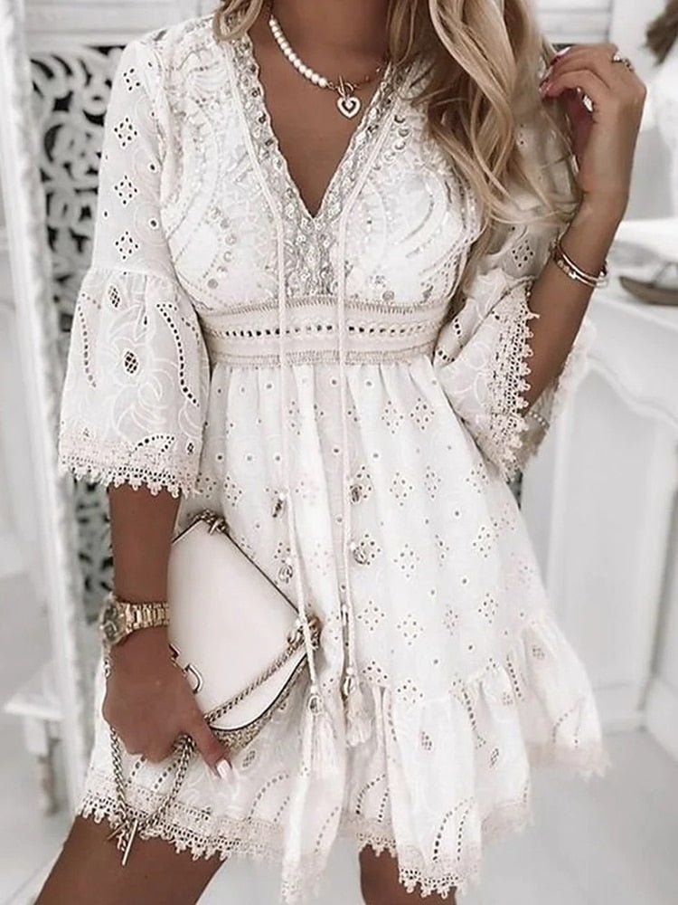 Grace | Plus Size Lace Mini Dress V-Neck Bell Sleeves Boho - Women&
