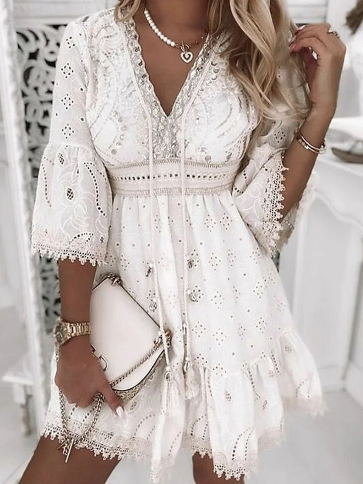 Grace | Plus Size Lace Mini Dress V-Neck Bell Sleeves Boho - Women&