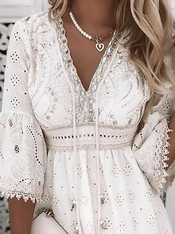 Grace | Plus Size Lace Mini Dress V-Neck Bell Sleeves Boho - Women&