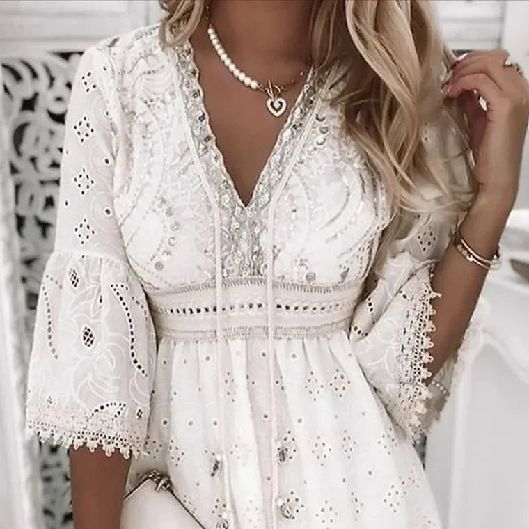 Grace | Plus Size Lace Mini Dress V-Neck Bell Sleeves Boho - Women&
