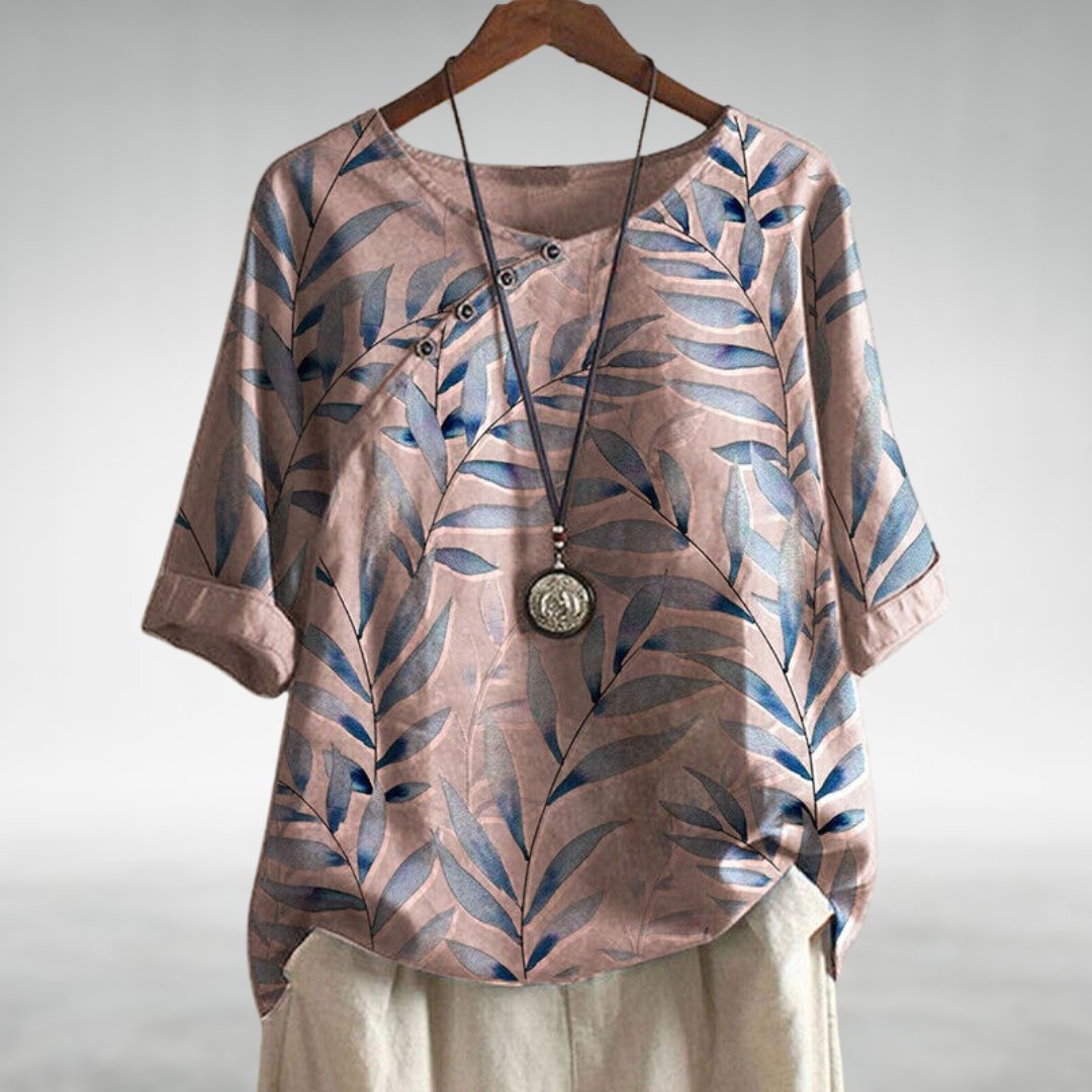 Phoebe | Plus Size Leaf Print Blouse Relaxed Fit Button Front - Women&