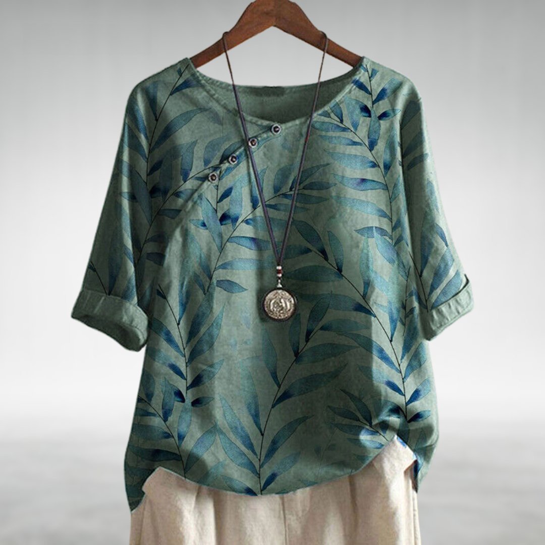 Phoebe | Plus Size Leaf Print Blouse Relaxed Fit Button Front - Women&