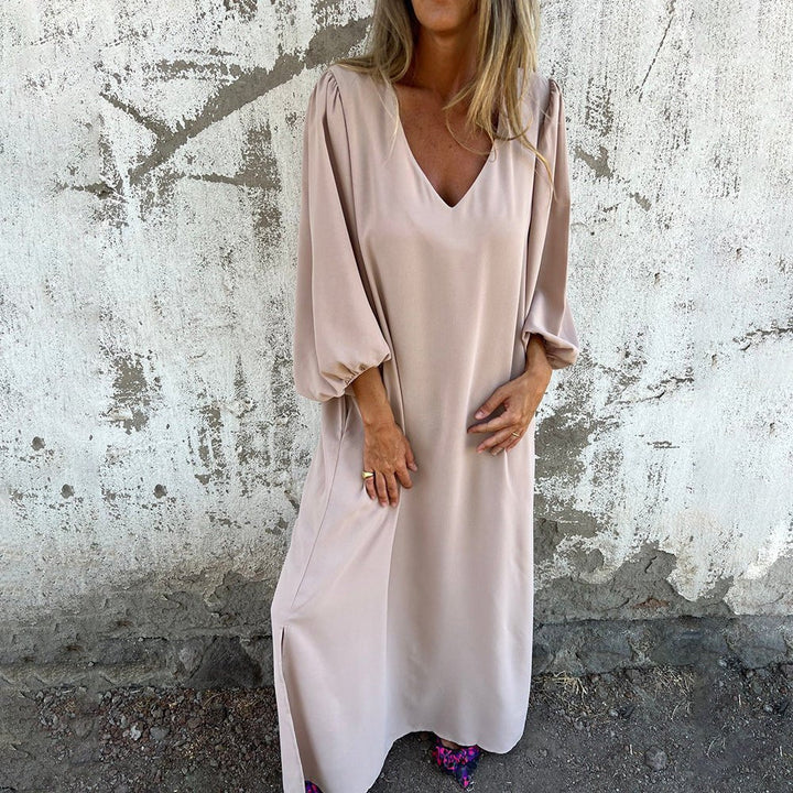 Freya | Plus Size Maxi Dress V-Neck Long Sleeve Pockets Flowing - Women's Casual Dresses | Nancy Callen Fashion