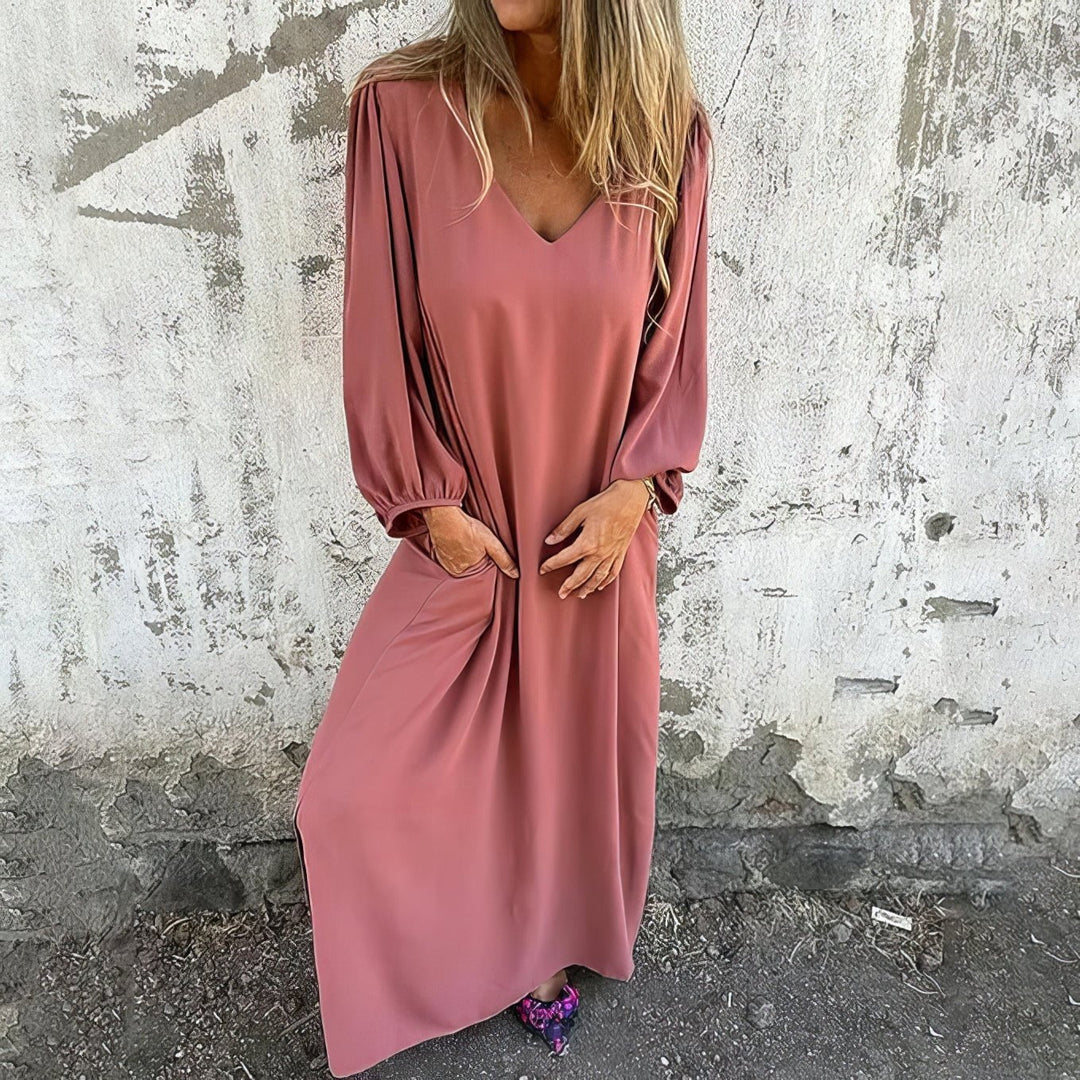 Freya | Plus Size Maxi Dress V-Neck Long Sleeve Pockets Flowing - Women's Casual Dresses | Nancy Callen Fashion