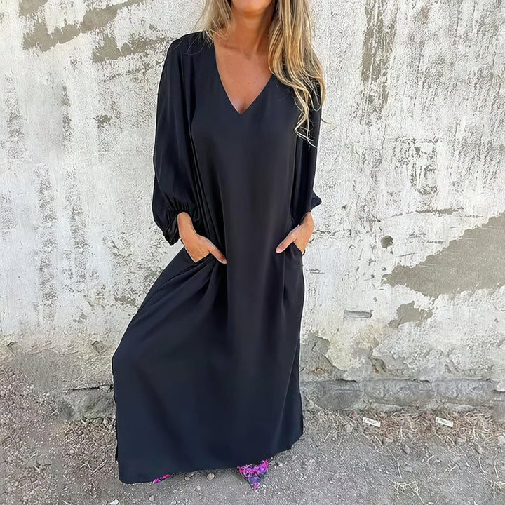 Freya | Plus Size Maxi Dress V-Neck Long Sleeve Pockets Flowing - Women's Casual Dresses | Nancy Callen Fashion
