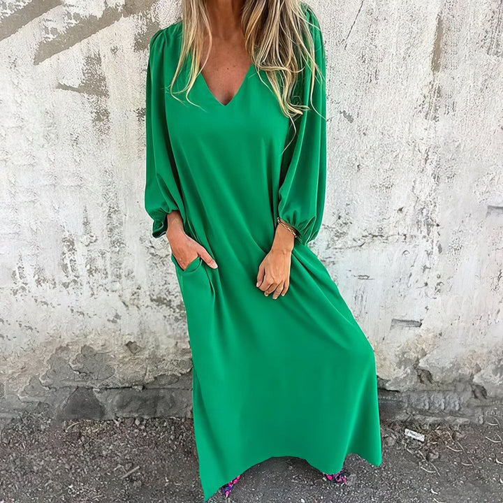 Freya | Plus Size Maxi Dress V-Neck Long Sleeve Pockets Flowing - Women's Casual Dresses | Nancy Callen Fashion