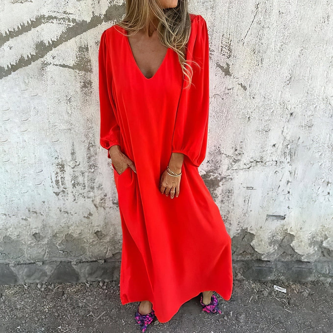 Freya | Plus Size Maxi Dress V-Neck Long Sleeve Pockets Flowing - Women's Casual Dresses | Nancy Callen Fashion