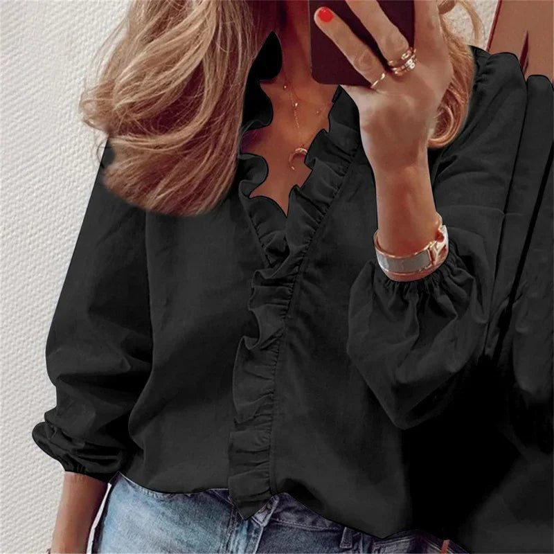 Lily | Plus Size Ruffle Blouse Long Sleeve V-Neck Feminine - Women&