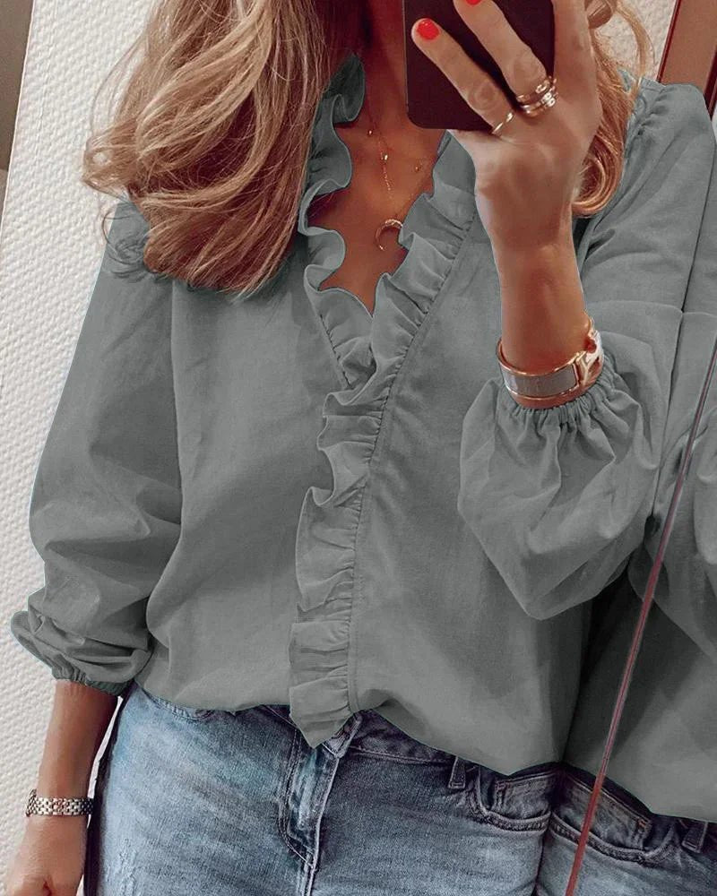 Lily | Plus Size Ruffle Blouse Long Sleeve V-Neck Feminine - Women&