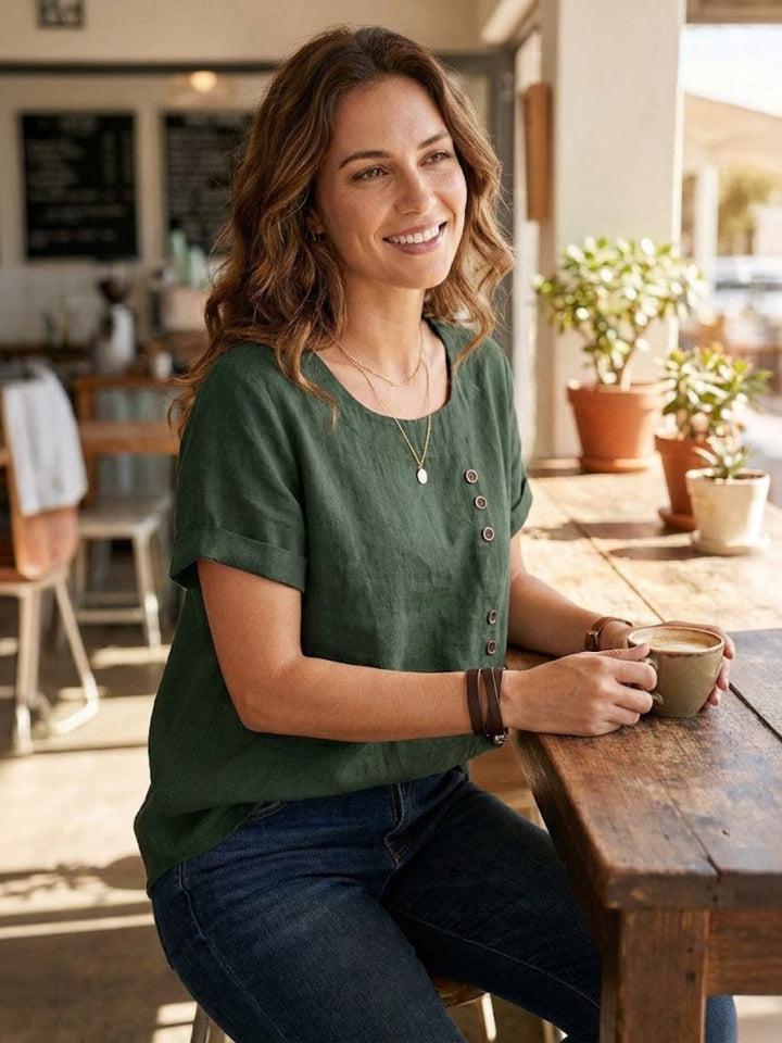 Grace | Linen Round Neck Button Blouse