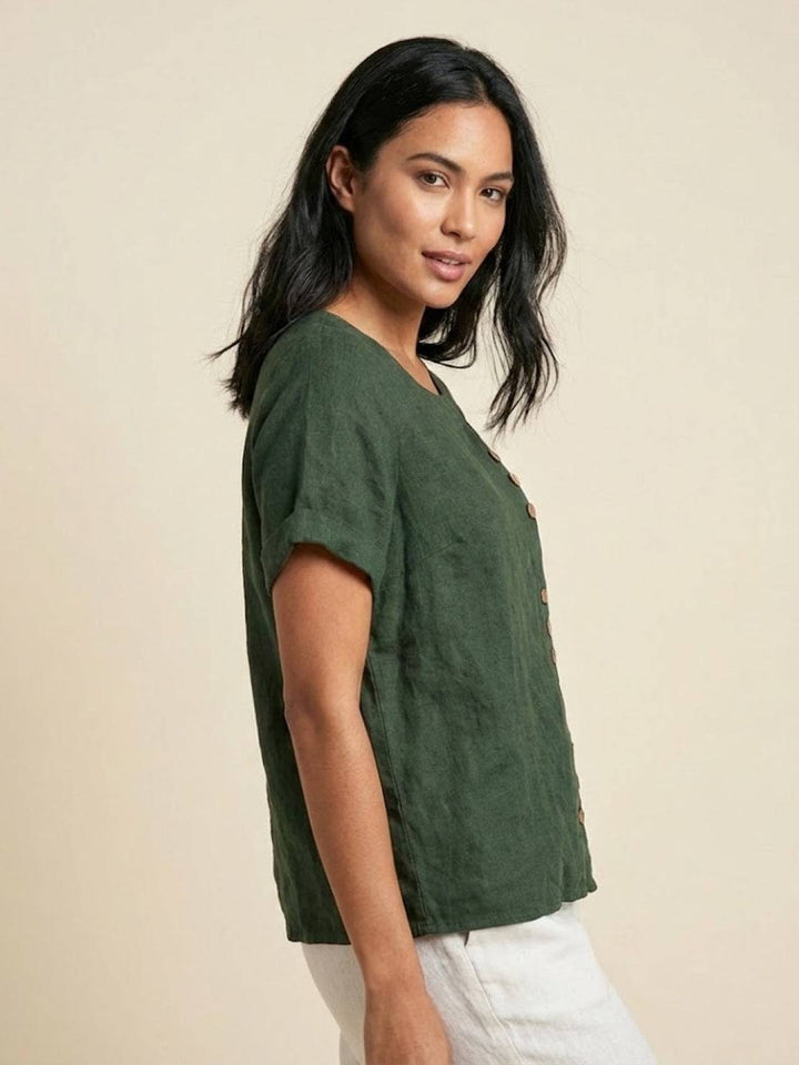 Grace | Linen Round Neck Button Blouse