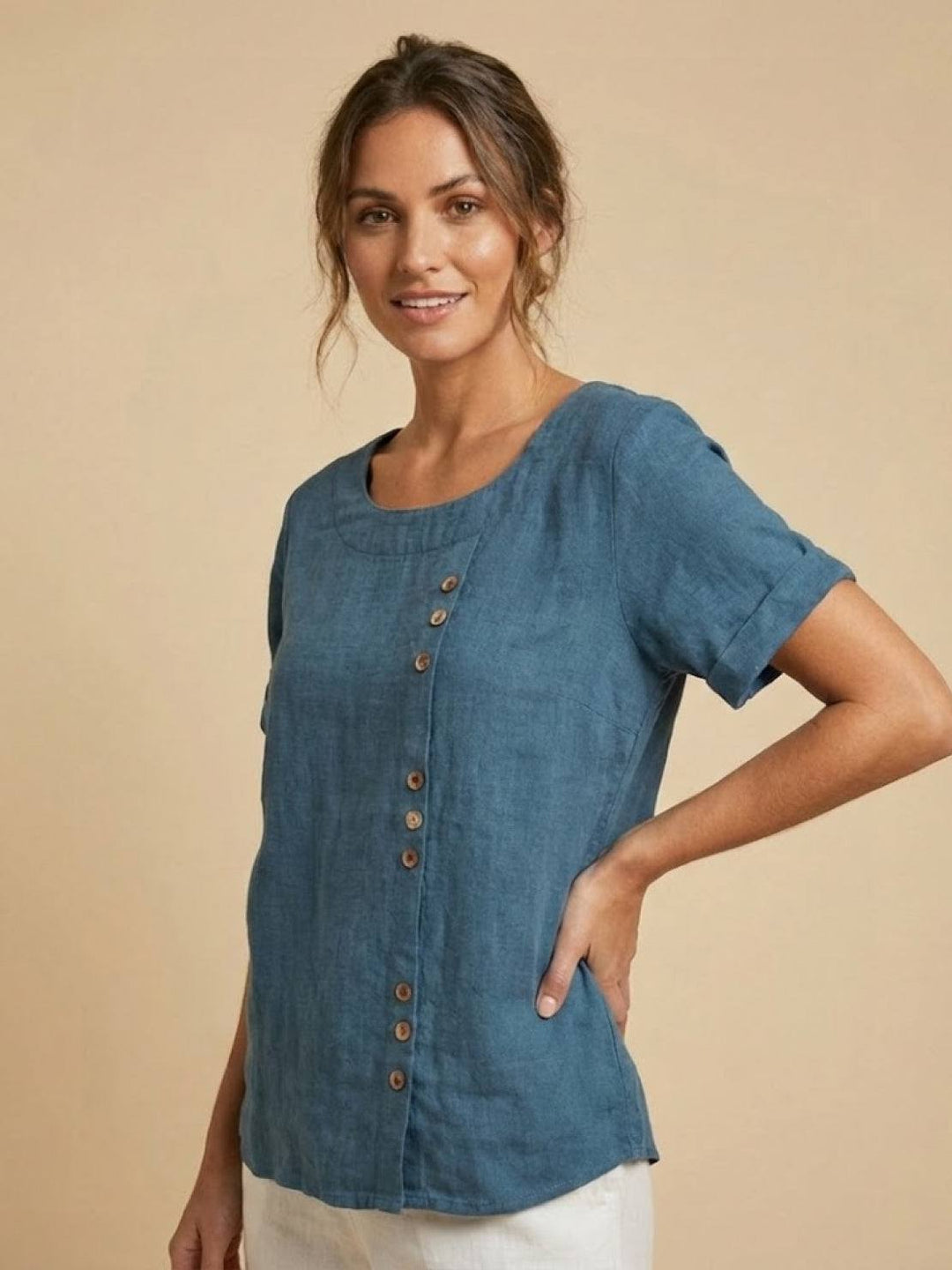 Grace | Linen Round Neck Button Blouse
